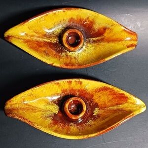 2 Leaf Shaped Pottery Candlestick Holders Blue Mountain Pottery Rustic Glaze